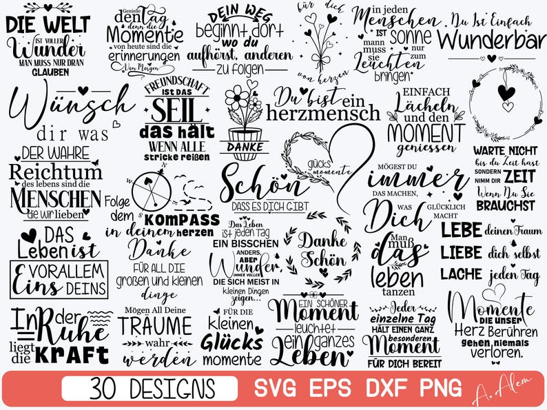 Puede incluir: Una colecci&oacute;n de treinta dise&ntilde;os gr&aacute;ficos digitales en blanco y negro que presentan varias citas inspiradoras en alem&aacute;n, motivos florales, corazones e ilustraciones de br&uacute;julas. El texto incluye frases como Die Welt ist voller Wunder.