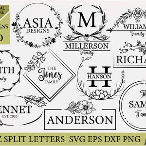 姓 SVG バンドル: 花のフレーム、ウェディングモノグラム (デジタルファイル)