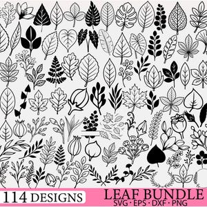 May include: A collection of 114 black and white leaf designs featuring various botanical shapes, including ferns, maple leaves, and tropical foliage. The graphic set is labeled with the text 114 DESIGNS LEAF BUNDLE SVG EPS DXF PNG at the bottom.