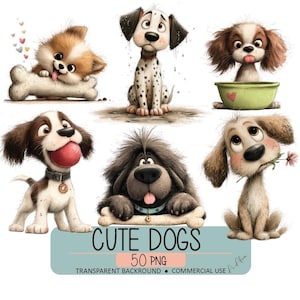 Puede incluir: Ilustración digital de varios perros adorables en diversas poses y expresiones. Los perros tienen ojos grandes y expresivos y están dibujados en un estilo de dibujos animados. Incluye el texto "CUTE DOGS 50 PNG TRANSPARENT BACKGROUND • COMMERCIAL USE".