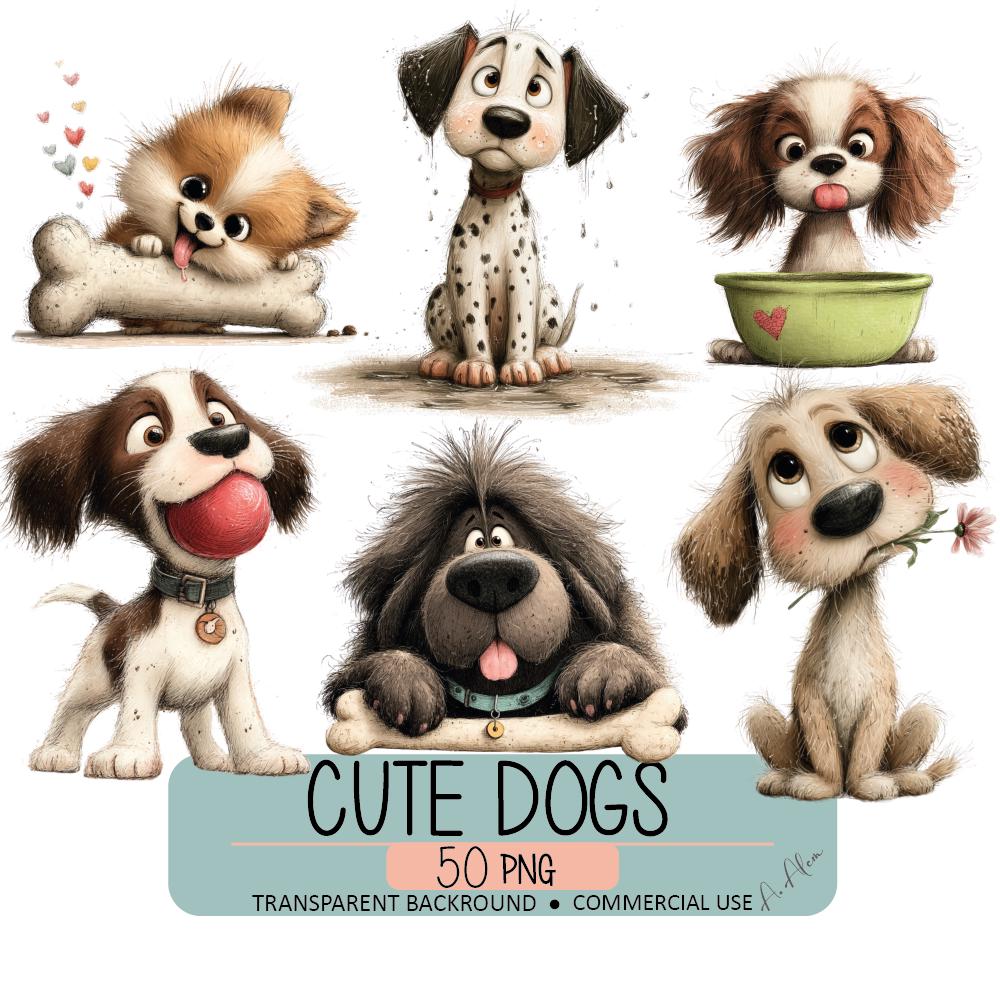Dog Clipart PNG Bundle, 50 Puppy Illustrations, Cartoon, Pet ...