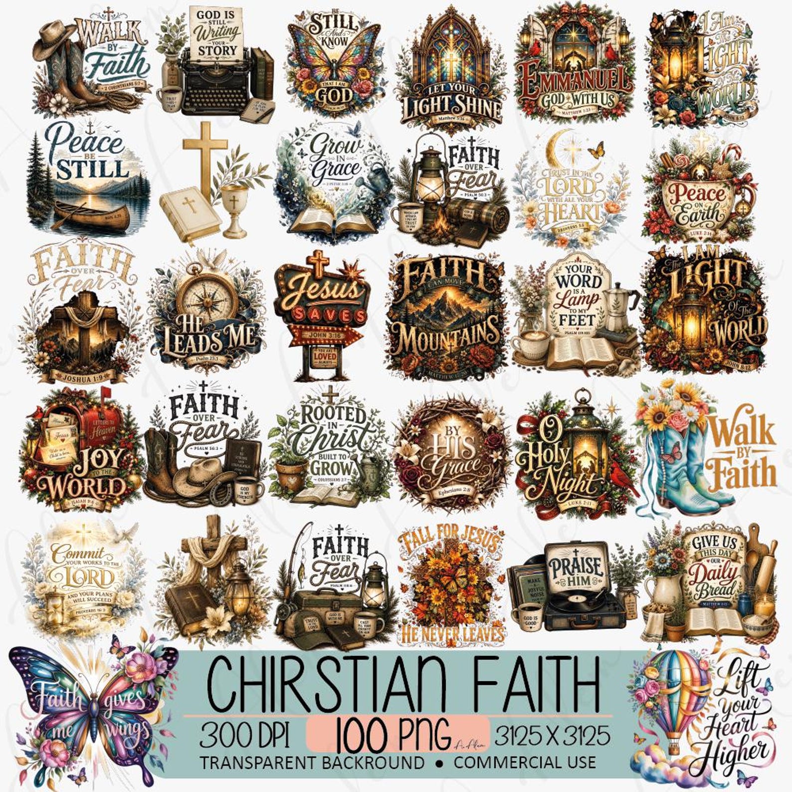 Vintage Christian Faith PNG Bundle, Bible Verse Clipart, Sublimation ...
