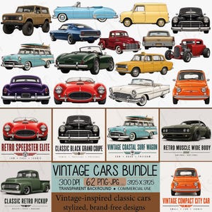 Puede incluir: Una colección de coches clásicos de inspiración vintage en varios colores y estilos. La imagen incluye una variedad de vehículos, como descapotables, camiones y berlinas, con una estética retro. La imagen también incluye el texto "Vintage Cars Bundle".
