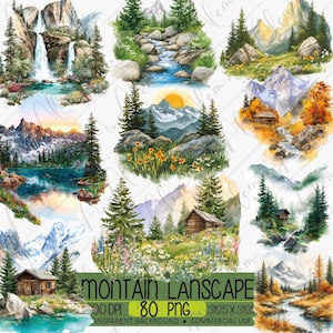 May include: A collection of watercolor illustrations featuring mountain landscapes, waterfalls, flowing streams, dense pine forests, and rustic wooden cabins. The scenes depict various seasonal colors including vibrant greens, autumn oranges, and snowy peaks.