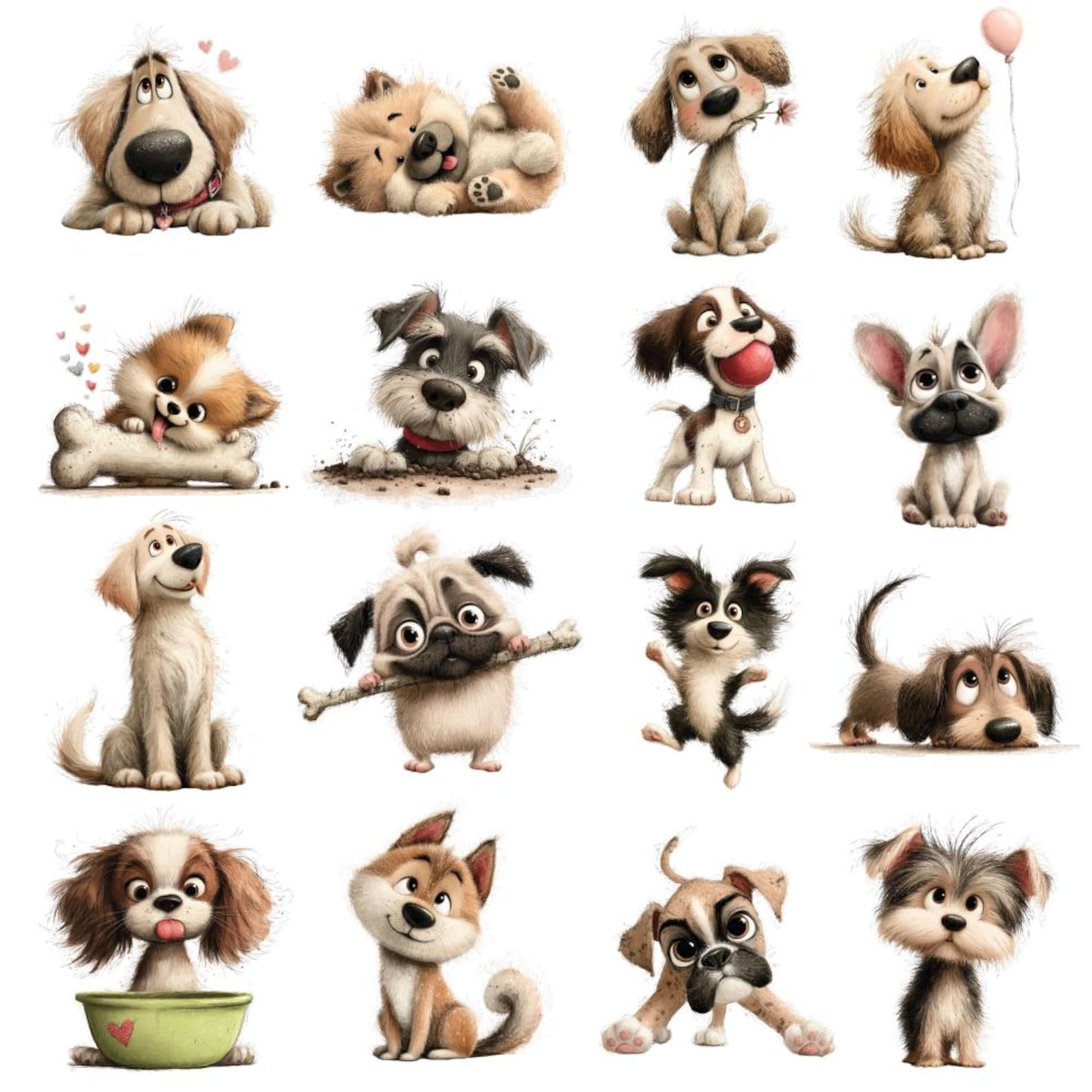 Dog Clipart PNG Bundle, 50 Puppy Illustrations, Cartoon, Pet ...
