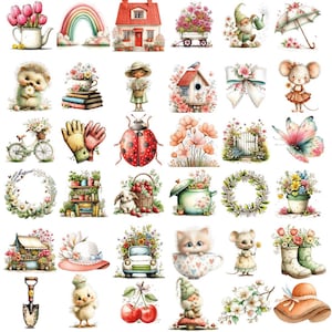 May include: A selection of watercolour illustrations with spring and garden themes. Includes a house, rainbow, flowers, animals, and garden tools. The colour palette is soft and pastel, with a focus on floral arrangements and whimsical designs.