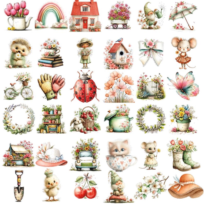May include: A selection of watercolour illustrations with spring and garden themes. Includes a house, rainbow, flowers, animals, and garden tools. The colour palette is soft and pastel, with a focus on floral arrangements and whimsical designs.