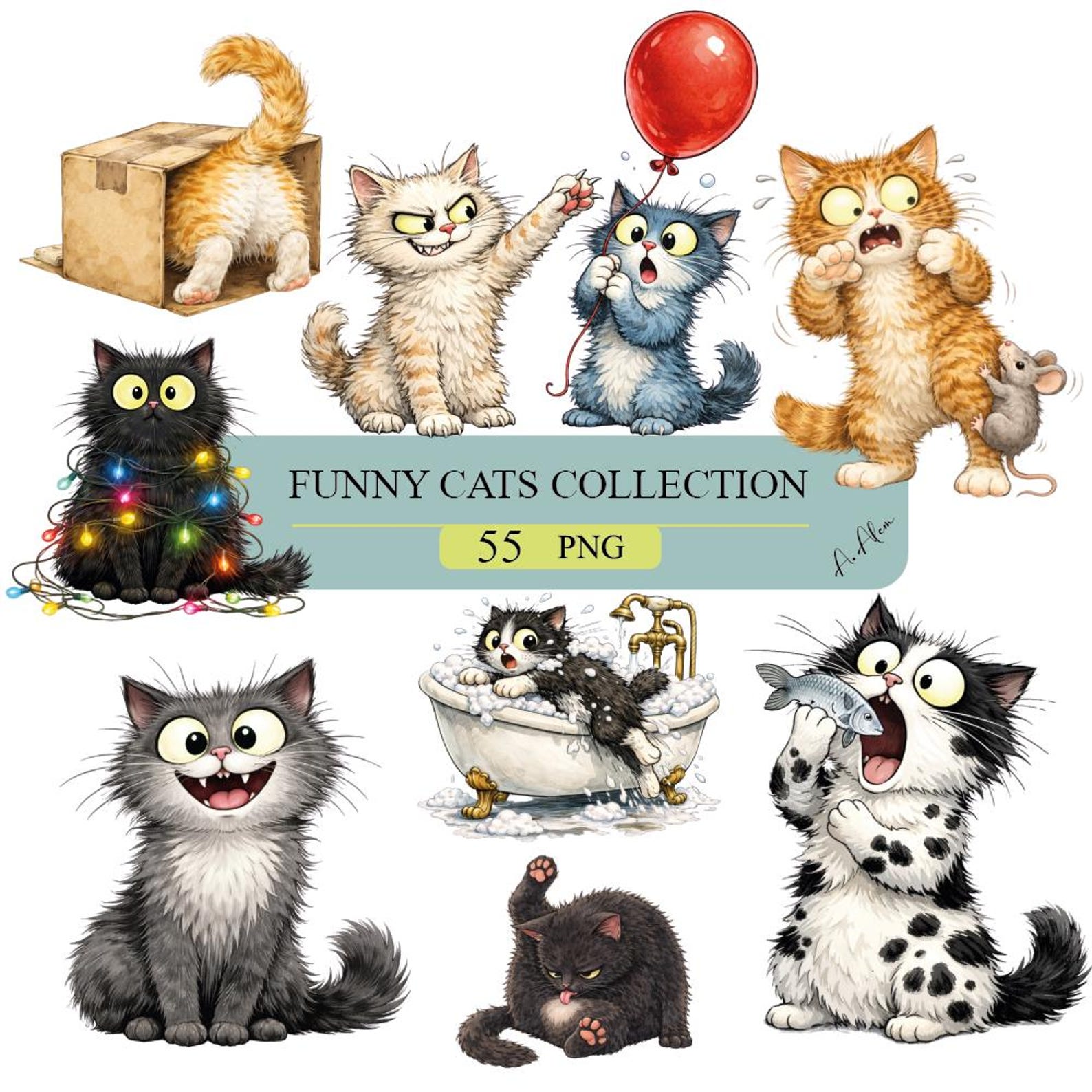 Funny Watercolor Cats Clipart, Whimsical Nursery PNG Graphics (55 Files ...