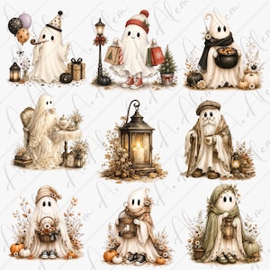 Pu&ograve; includere: Una collezione di nove illustrazioni raffiguranti fantasmi bianchi in varie scene stagionali, inclusi fantasmi con palloncini, borse della spesa, un calderone, set da t&egrave;, lanterne, zucche, fogliame autunnale e accessori invernali come cappelli e sciarpe.