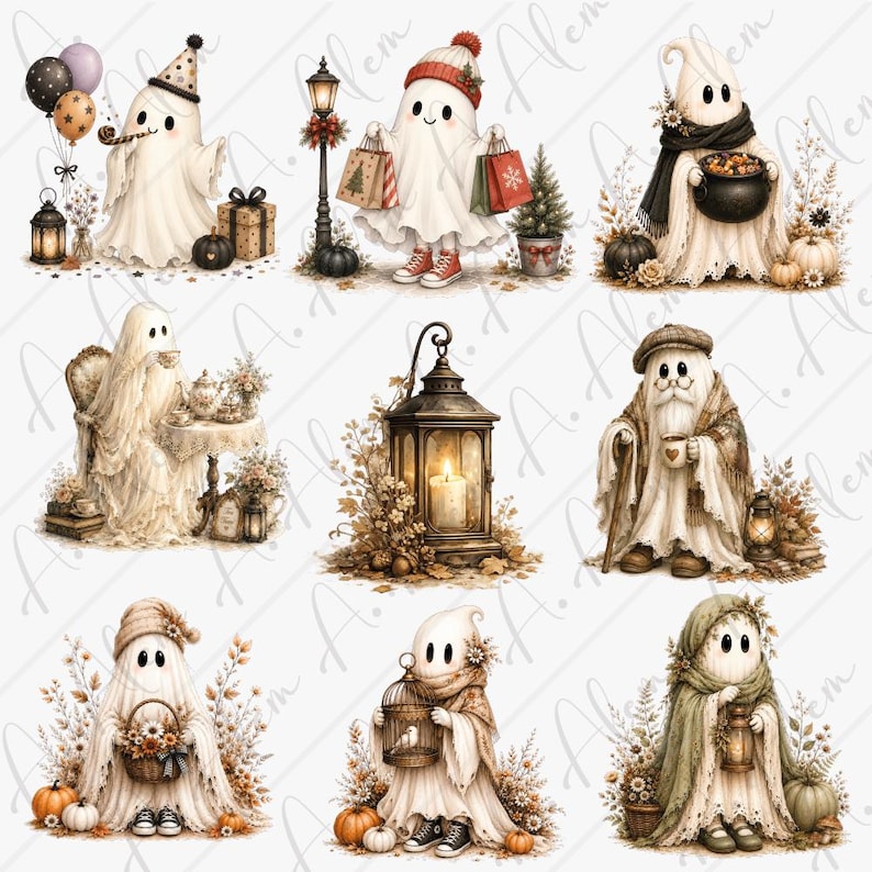Pu&ograve; includere: Una collezione di nove illustrazioni raffiguranti fantasmi bianchi in varie scene stagionali, inclusi fantasmi con palloncini, borse della spesa, un calderone, set da t&egrave;, lanterne, zucche, fogliame autunnale e accessori invernali come cappelli e sciarpe.