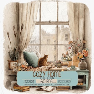 Cozy Home Clipart Bundle, Rustic Interior PNG Set, Cottagecore Decor Illustrations (Digital Download)