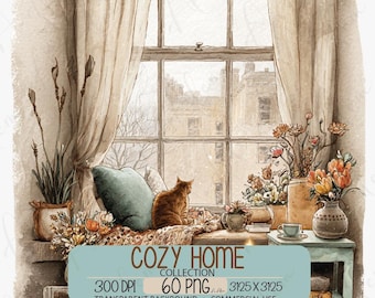 Pacchetto di clipart per una casa accogliente, set di immagini PNG per interni rustici, illustrazioni di decorazioni cottagecore (download digitale)