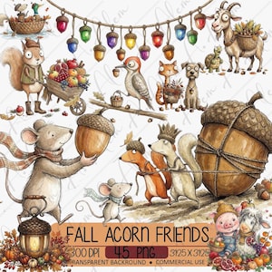 Może przedstawiać: Zestaw ilustracji cyfrowych zatytułowany FALL ACORN FRIENDS przedstawiający zwierzęta w stylu akwarelowym, w tym wiewiórkę, mysz, kozę i świnię, wraz z jesiennymi elementami zbiorów, takimi jak żołędzie, dynie i owoce.