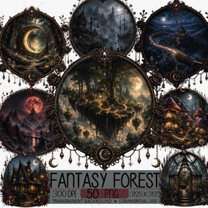 Puede incluir: Una colección de siete marcos circulares con ilustraciones de fantasía oscura de islas flotantes, bosques a la luz de la luna, castillos y casas de hongos. Los marcos negros ornamentados incluyen dijes de luna y estrella. Texto: FANTASY FOREST 300 DPI 50 PNG.