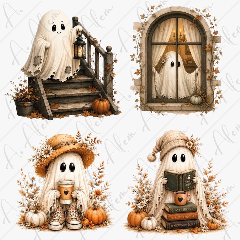 Pu&ograve; includere: Quattro illustrazioni di fantasmi in ambientazioni autunnali. Un fantasma tiene una lanterna su una scala di legno, uno guarda da una finestra, uno indossa un cappello di paglia con un caff&egrave; e uno legge con un berretto il libro Ghostly Tales.