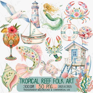 May include: Watercolor illustrations of tropical sea life, including a mermaid, crab, fish, lobster, and sailboat. The artwork features a lighthouse, seashell, and a lifeguard stand with the text "Beach Club". The image also includes the text "Tropical Reef Folk Art".