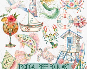 Pacchetto di clipart di arte popolare tropicale con barriera corallina e vita marina costiera in formato PNG (download digitale)