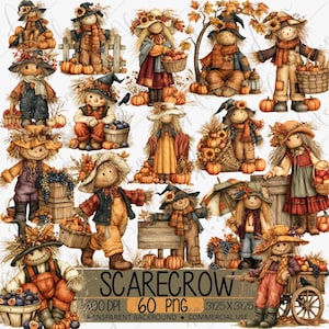 Puede incluir: Una colección de ilustraciones digitales de espantapájaros con ropa de otoño, incluyendo sombreros, bufandas y petos. Los personajes aparecen con calabazas, cestas de fruta, uvas y cajas de madera en una paleta de colores cálidos.