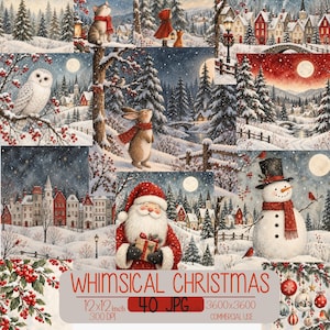 Puede incluir: Un collage digital de escenas invernales con un búho nival, un gato con bufanda roja, un conejo, Santa Claus con un regalo y un muñeco de nieve. El texto dice WHIMSICAL CHRISTMAS, 12x12 inch, 40 JPG, 300 DPI, 3600x3600, COMMERCIAL USE.
