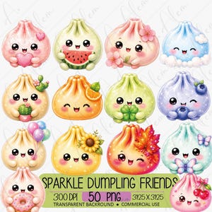 Sparkle Dumpling Friends Clipart, Kawaii Food PNG, Glitter Pastel Characters (Digital Download)