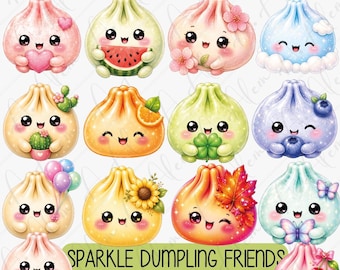 Clipart di ravioli scintillanti, cibo kawaii PNG, personaggi pastello glitterati (download digitale)