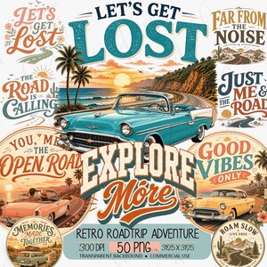 以下が含まれることがあります： 「Let's Get Lost」と「Explore More」の文字が入ったレトロスタイルのグラフィック。クラシックカー、ヤシの木、ロードトリップをテーマにしたイラストが特徴です。ティール、オレンジ、ベージュの色使いで、レトロな雰囲気を醸し出しています。