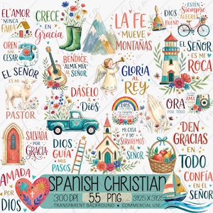 May include: A collection of Christian-themed digital illustrations featuring a lighthouse, a blue pickup truck, a church, a lamb, a guitar, a bicycle, a sailboat, and floral elements. The image includes Spanish text phrases like La Fe Mueve Montañas.