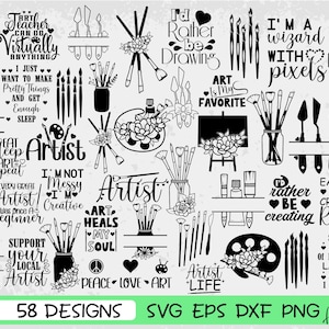 Lot de fournitures pour artistes SVG, pinceaux, palette, fleurs (fichiers numériques)