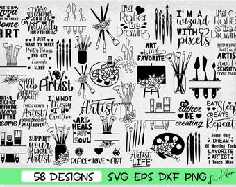 Kunstenaar levert SVG-bundel, penselen, palet, bloemen (digitale bestanden)