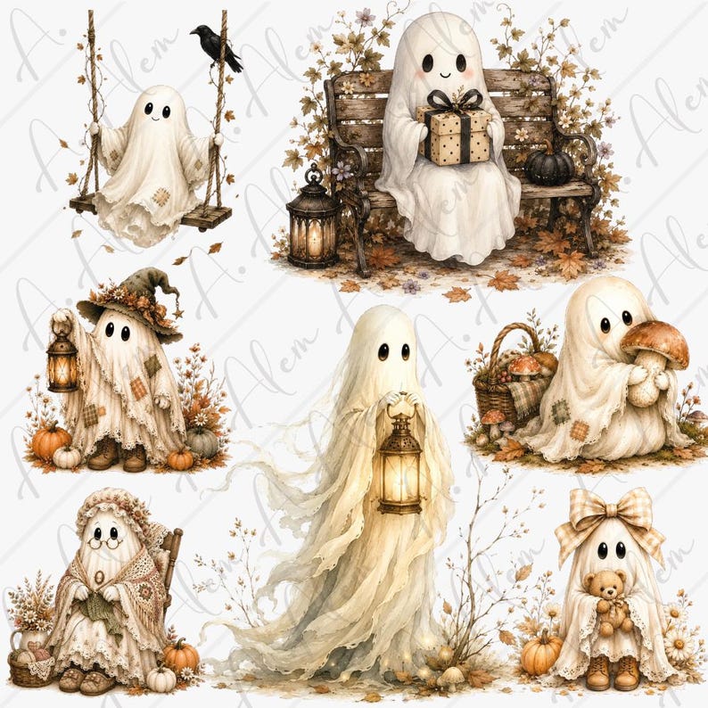 Pu&ograve; includere: Una collezione di sette illustrazioni con fantasmi bianchi in ambientazioni autunnali. Le scene includono fantasmi su un'altalena, seduti su una panchina con un regalo, con lanterne, intenti a raccogliere funghi, a lavorare a maglia e con un orsetto.