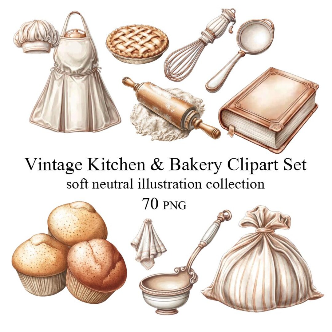 Vintage Kitchen Clipart Set – 70+ Neutral Baking Illustrations (PNG ...
