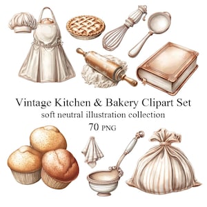 May include: A watercolour illustration of vintage kitchen and bakery items. Includes a chef's hat, apron, pie, whisk, spoon, rolling pin, cookbook, muffins, ladle, and a bag of flour. The text reads "Vintage Kitchen & Bakery Clipart Set".