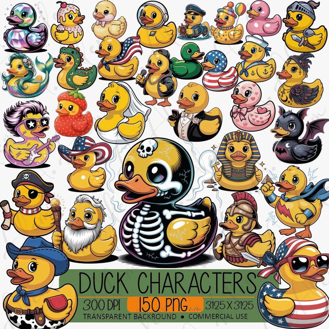 150 Duck Characters PNG Bundle, Rubber Duck Clipart, Cute Duck Cartoon ...