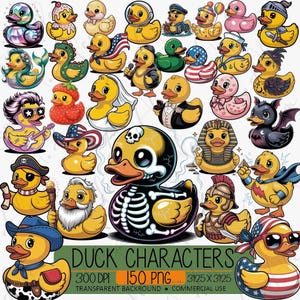 Könnte beinhalten: Eine Sammlung von Cartoon-Enten-Charakteren in verschiedenen Kostümen. Die Enten sind gelb und tragen Kostüme wie Pirat, Braut, Pharao und Superheld. Das Bild enthält den Text "DUCK CHARACTERS".