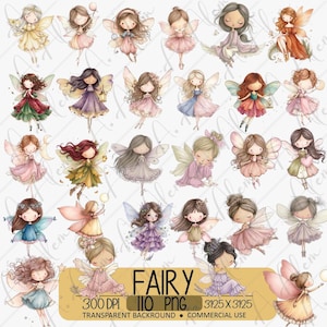 May include: A collection of thirty-one digital illustrations of fairies with various hair colors, wing styles, and outfits in shades of pink, purple, green, and yellow. The image includes the text FAIRY 300 DPI 110 PNG 3125 X 3125.