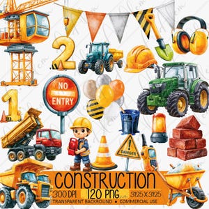 Puede incluir: Un conjunto de ilustraciones digitales con elementos de construcción que incluyen una grúa amarilla, un tractor verde, un camión volquete rojo, un trabajador con casco, señales con el texto NO ENTRY y DANGER, globos y ladrillos.