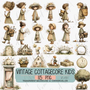May include: Watercolor illustrations of vintage cottagecore kids, featuring children in dresses and hats, carrying flowers and baskets. Other elements include houses, animals, and floral accents. The text reads "Vintage Cottagecore Kids 115 PNG".