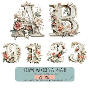 May include: Floral wooden alphabet and numbers, including the letters A and B, and numbers 0, 1, 2, and 3. Each letter and number is made of light wood and adorned with floral arrangements in shades of pink, white, and green. The image also includes the text "FLORAL WOODEN ALPHABET".