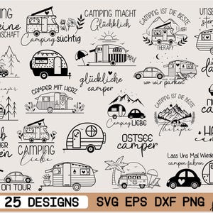 Op de afbeelding: Een verzameling van 25 zwart-wit campingontwerpen met verschillende campers, auto's en tekstelementen. De ontwerpen bevatten zinnen als "Kamperen is mijn passie" en "Happy Camper". De afbeelding bevat ook informatie over het bestandstype.