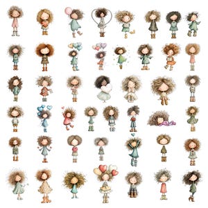 May include: A collection of watercolor illustrations of whimsical girls with curly hair. Each girl is depicted in a unique pose, holding hearts, balloons, or gifts. The color palette includes soft pastels and earth tones, creating a charming and delicate aesthetic.