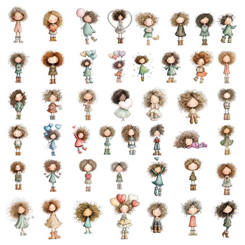 May include: A collection of watercolor illustrations of whimsical girls with curly hair. Each girl is depicted in a unique pose, holding hearts, balloons, or gifts. The color palette includes soft pastels and earth tones, creating a charming and delicate aesthetic.