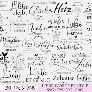 Op de afbeelding: Een verzameling van 30 zwart-witte ontwerpen met verschillende liefdeszinnen, waaronder "Liebe", "Herz" en "Wunderbar". De ontwerpen zijn in handschriftstijl, met bloemen- en hartaccenten. De afbeelding bevat ook de tekst "LIEBE WORTE BUNDLE."