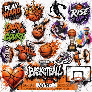 Op de afbeelding: Een digitale collectie basketbal-thema afbeeldingen met oranje basketballen, een kroon, een speler-silhouet, een hoge sneaker, een trofee, een shirt met nummer 23, een fluitje, een megafoon, een basketbalring en diverse teksten.