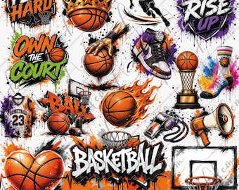 Paquete de imágenes PNG de baloncesto con grafitis, imágenes prediseñadas de deportes callejeros, aro, zapatillas, trofeo (descarga digital)