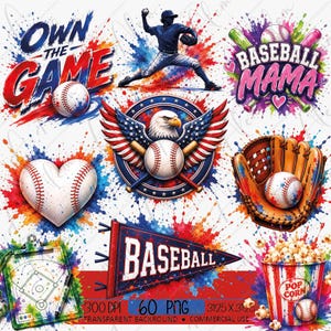 Ensemble de 60 images clipart de baseball (PNG), images clipart aquarelle sportives, images clipart de mamans de joueurs de baseball (PNG), motifs de sublimation sur le thème du baseball.