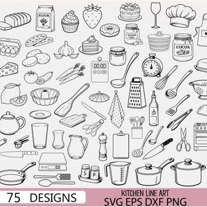 May include: Black and white line art illustration of various kitchen items, including food, utensils, and appliances. The image includes a timer, a whisk, a grater, a measuring cup, and a mixer. The text "75 DESIGNS" is at the bottom.