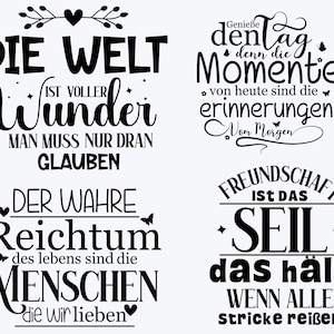 Puede incluir: Una colecci&oacute;n de cuatro dise&ntilde;os tipogr&aacute;ficos negros sobre un fondo blanco. El texto incluye frases en alem&aacute;n: Die Welt ist voller Wunder, Genie&szlig;e den Tag, Der wahre Reichtum des Lebens sind die Menschen y Freundschaft ist das Seil.