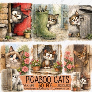 May include: A digital collection of watercolor-style illustrations featuring various cats in domestic settings, including cats peeking from behind a red door, a green boot, a trash can, and windows, with the text PICABOO CATS 300 DPI 60 PNG.