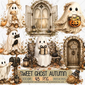 May include: A digital collection of illustrations featuring ghosts in white sheets, pumpkins, a wooden bench, a rustic window, a mailbox, and a wooden door with a sign reading BOO. The text reads SWEET GHOST AUTUMN 300 DPI 45 PNG 3125 X 3125.