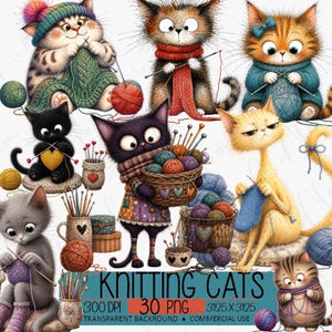Knitting Cats PNG Bundle, Whimsical Cartoon Clipart, Cozy Handmade Kittens (Commercial Use)